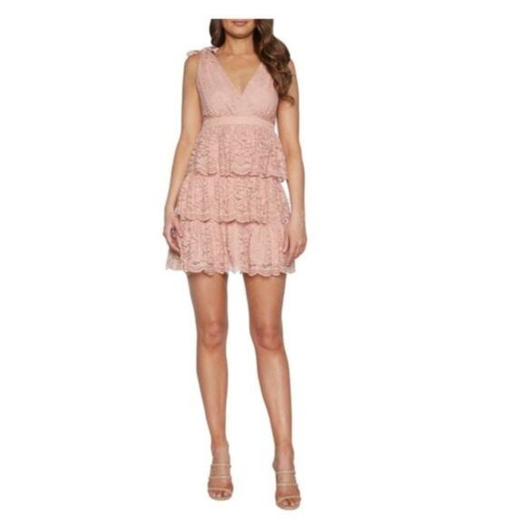 BARDOT Dusty Pink Lace Romantic Tiered Ruffle Mini Dress Cocktail Wedding SMALL - Picture 2 of 10